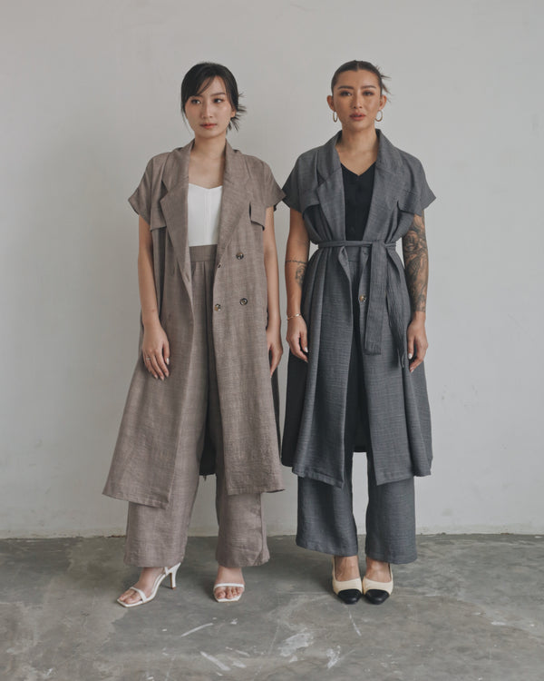 Set Linen Trench Outer Dress In  Gray & Lois Linen Cullote Pants In Gray