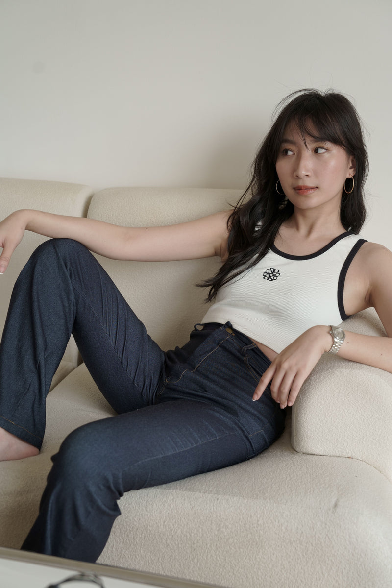 Amygo Anagram Ribbed Cropped Tank Top in White on Black START SHIPPING END OF MAY