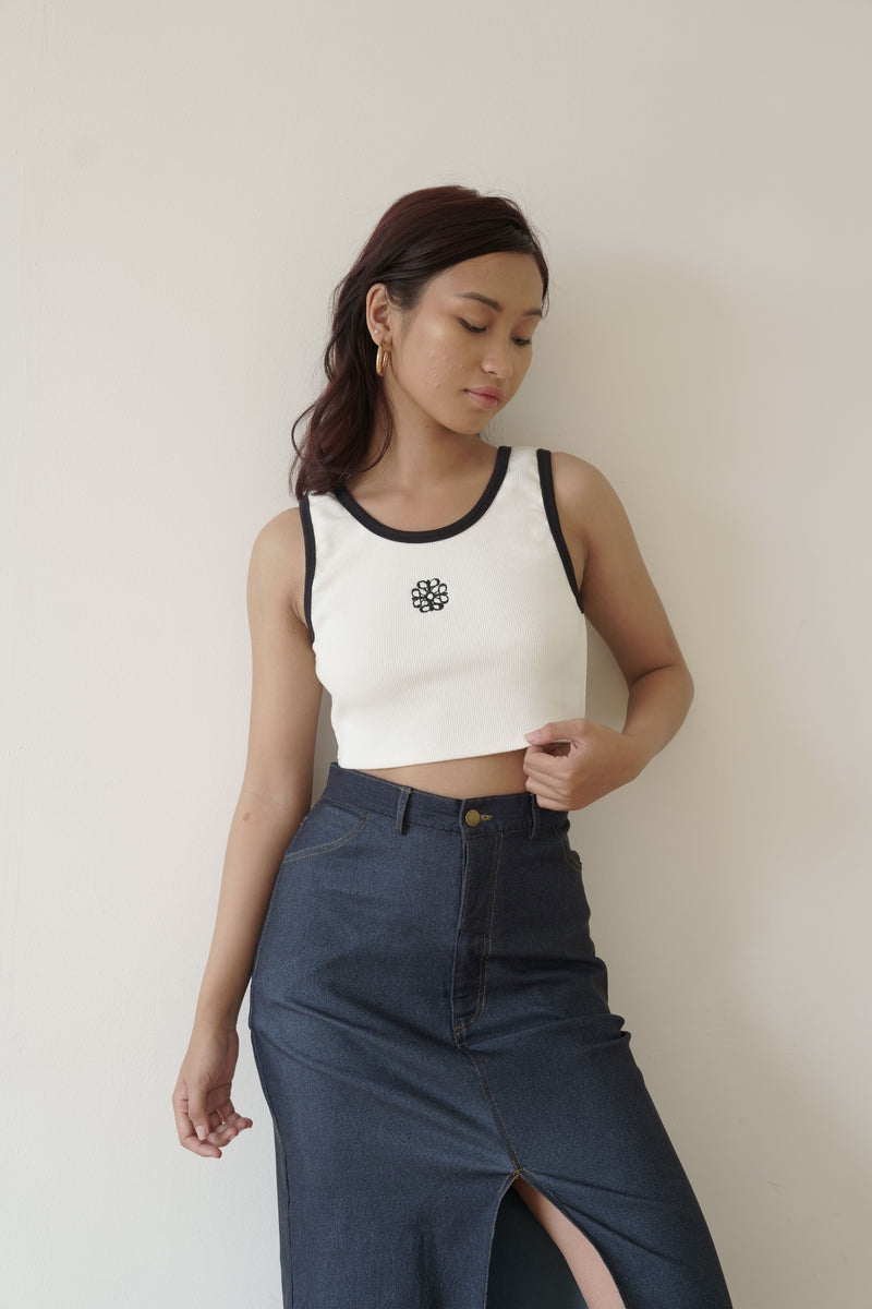 Amygo Anagram Ribbed Cropped Tank Top in White on Black START SHIPPING END OF MAY