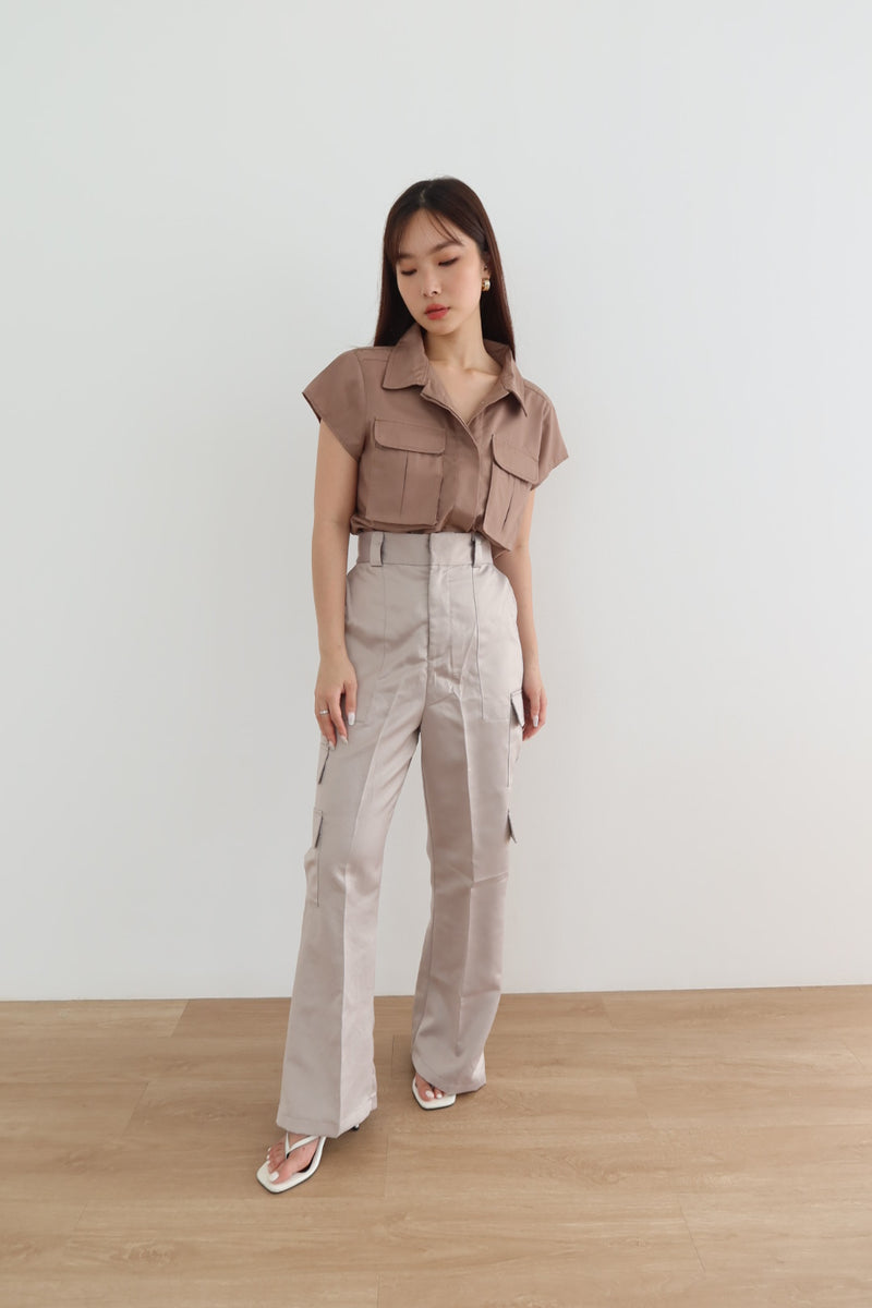 Satin Cargo Pants in Taupe