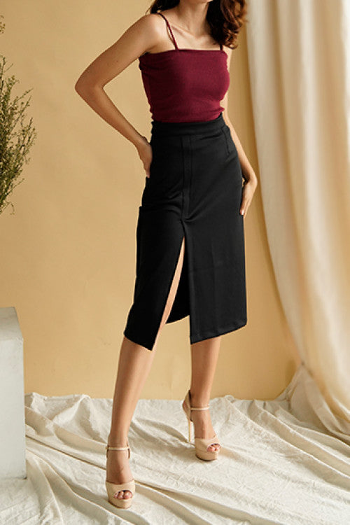 Morgan Slit HW Skirt in Black