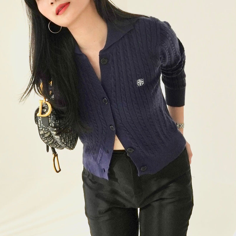 Amygo Anagram Cable Knit Cardigan Top in Sailor Navy