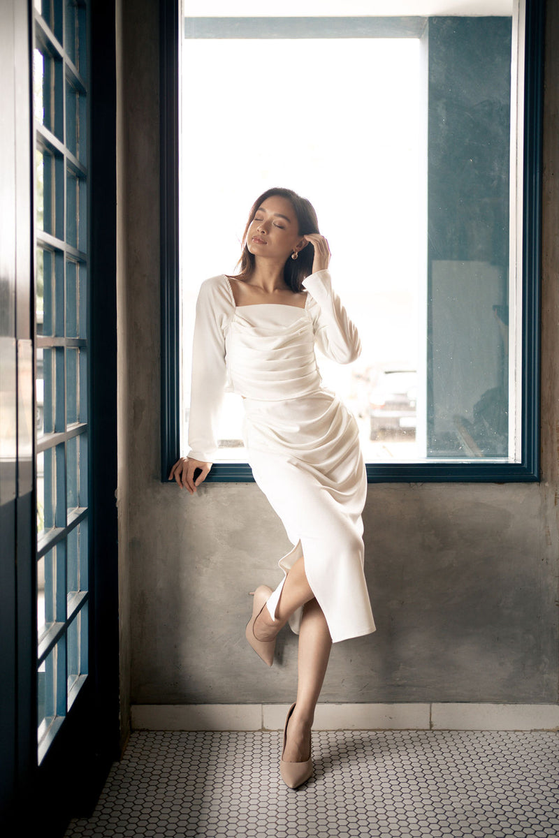 SET Levi Pleated Multiway Top & Jolie Highwaist Pencil Skirt in White