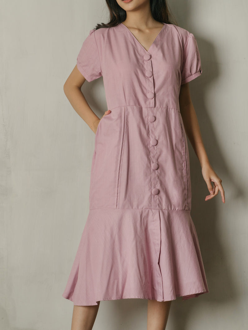 Cassie Button Midi Dress in Pinkish Lavender