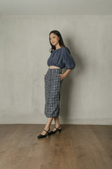 Frida Plaid Midi Skirt in Navy Denim