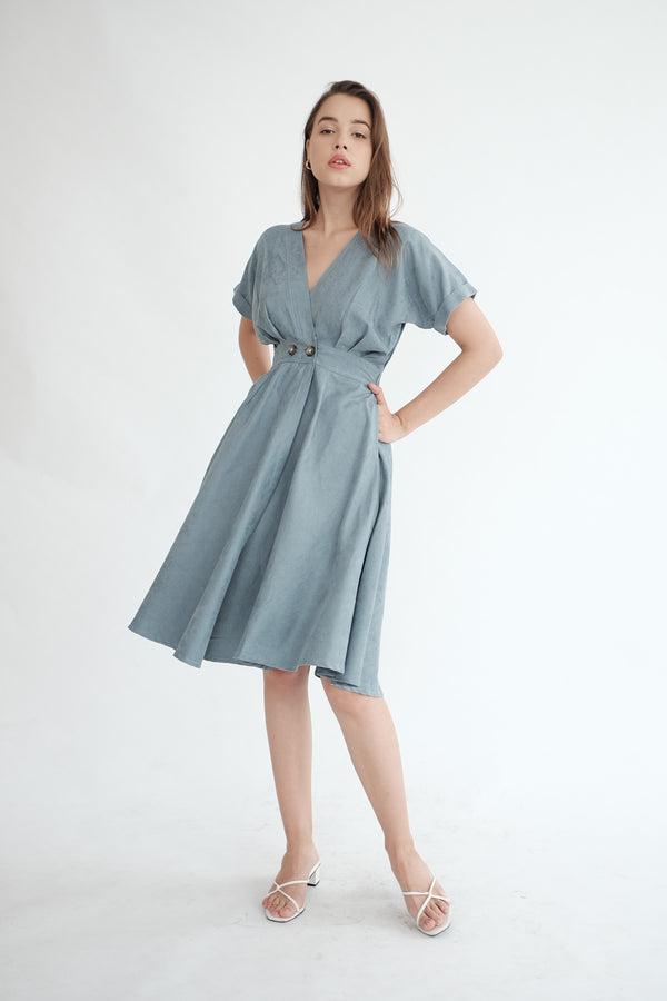 Liberty Flare Midi Dress in Dusty Blue