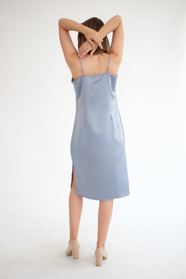 Satin Slip Dress in Dusty Blue