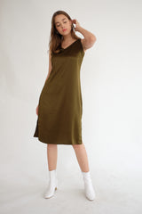 Satin Slip Dress in Olive