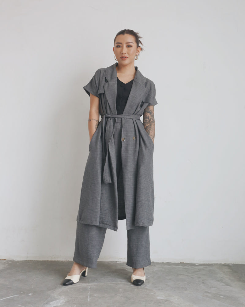 Linen Trench Outer Dress In Gray