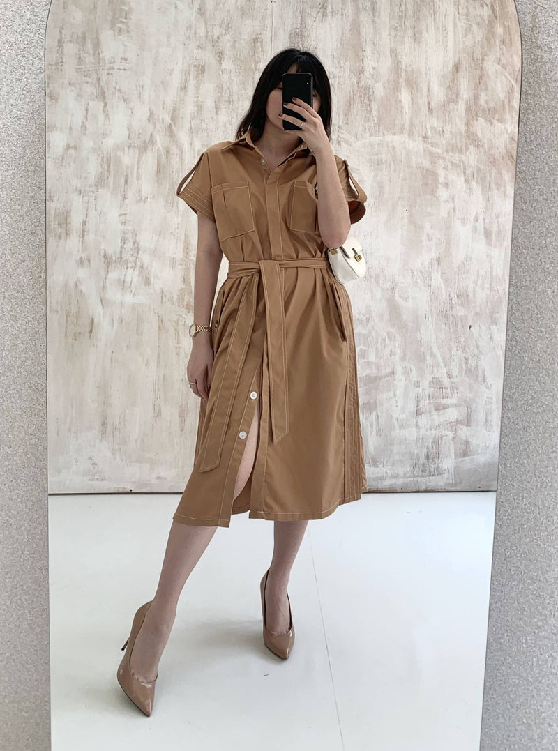 GABY CONTRAST STITCH DRESS OUTER IN CARAMEL