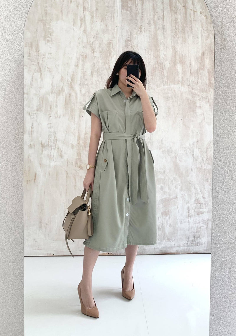 GABY CONTRAST STITCH DRESS OUTER IN SAGE GREEN