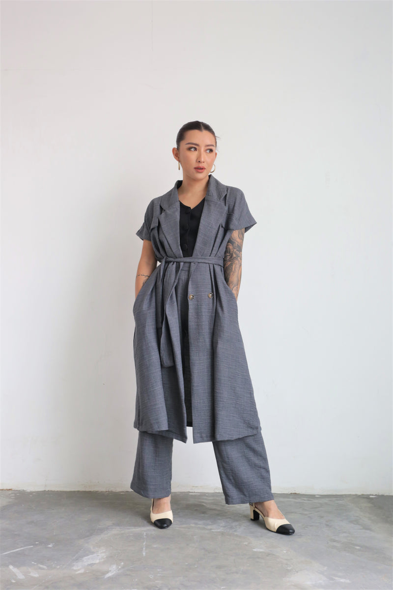 Set Linen Trench Outer Dress In  Gray & Lois Linen Cullote Pants In Gray