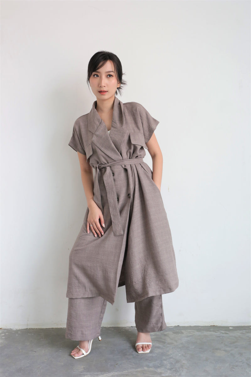 Set Linen Trench Outer Dress In  Mocca & Lois Linen Cullote Pants In Mocca