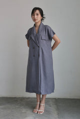 Linen Trench Outer Dress In Ash Blue