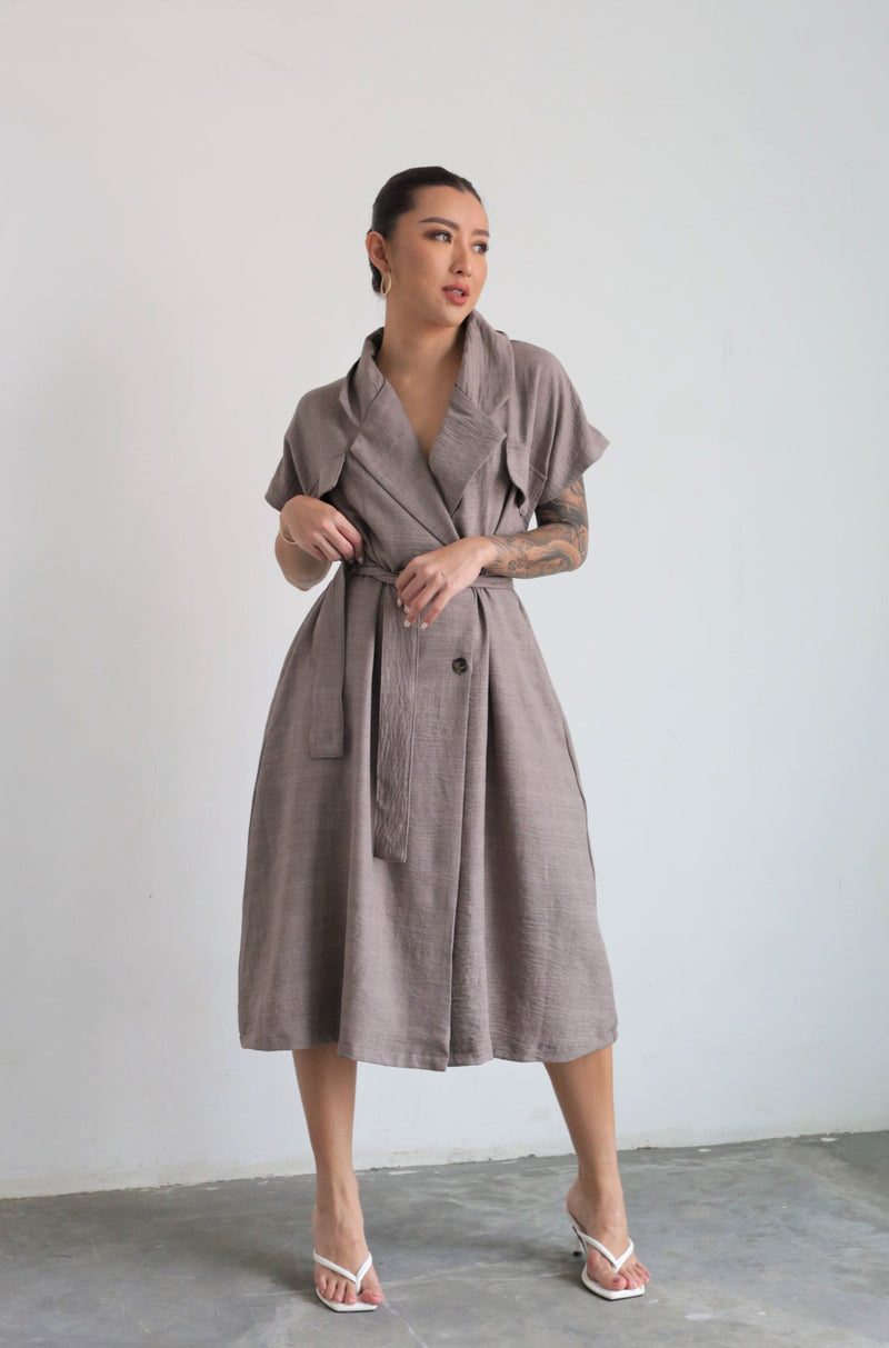 Linen Trench Outer Dress In  Mocca