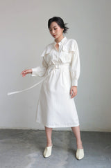 Jean Puff Vneck Midi Dress in Broken White