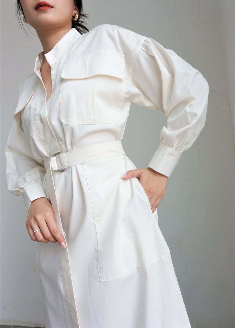 Jean Puff Vneck Midi Dress in Broken White
