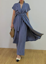 Set Linen Trench Outer Dress In Ash Blue & Lois Linen Cullote Pants In Ash Blue