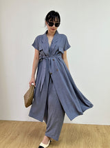 Set Linen Trench Outer Dress In Ash Blue & Lois Linen Cullote Pants In Ash Blue