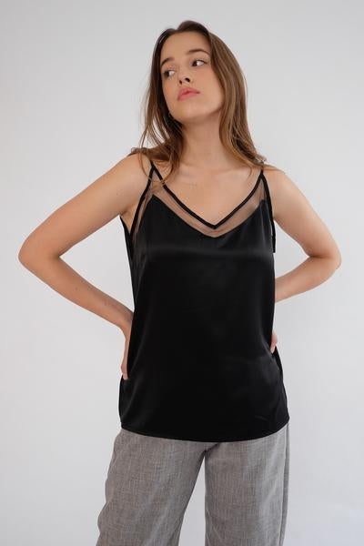 Satin Tulle Camisole In Black XL