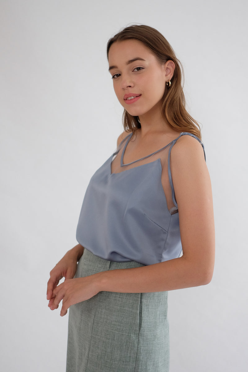 Satin Tulle Camisole in Dusty Blue