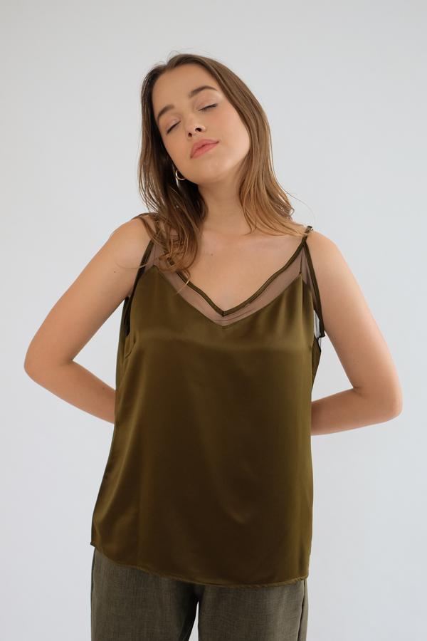 Satin Tulle Camisole In Olive XL