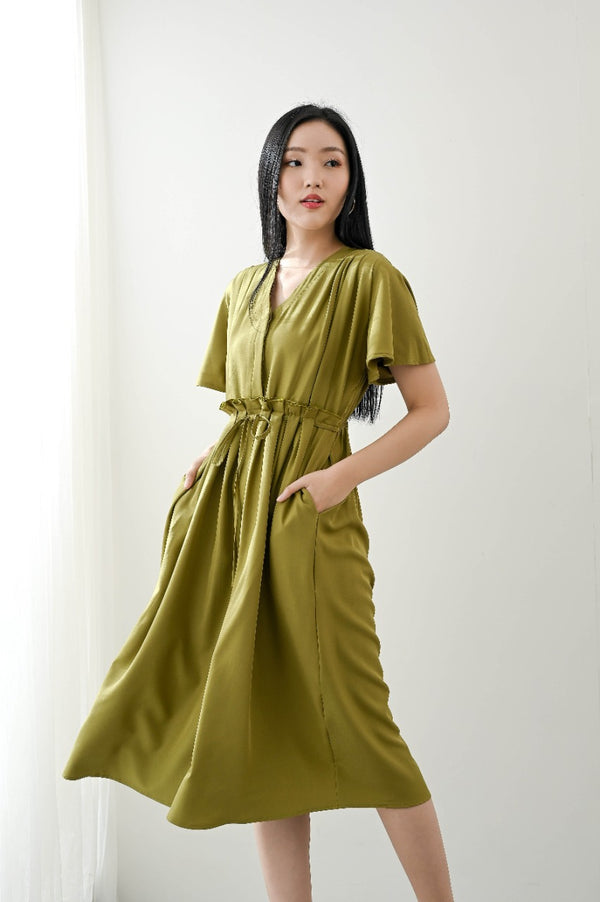 Morrie Drawstring Dress in Avocado Green