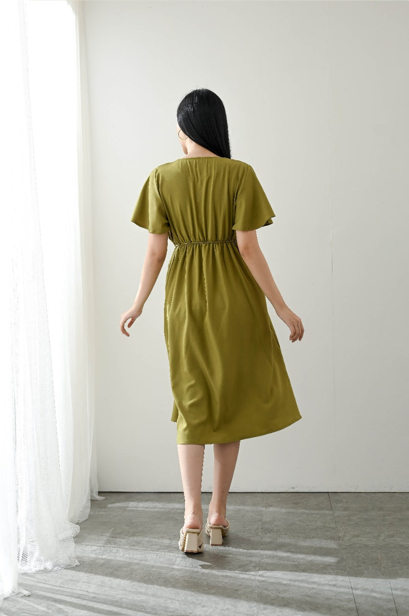 Morrie Drawstring Dress in Avocado Green