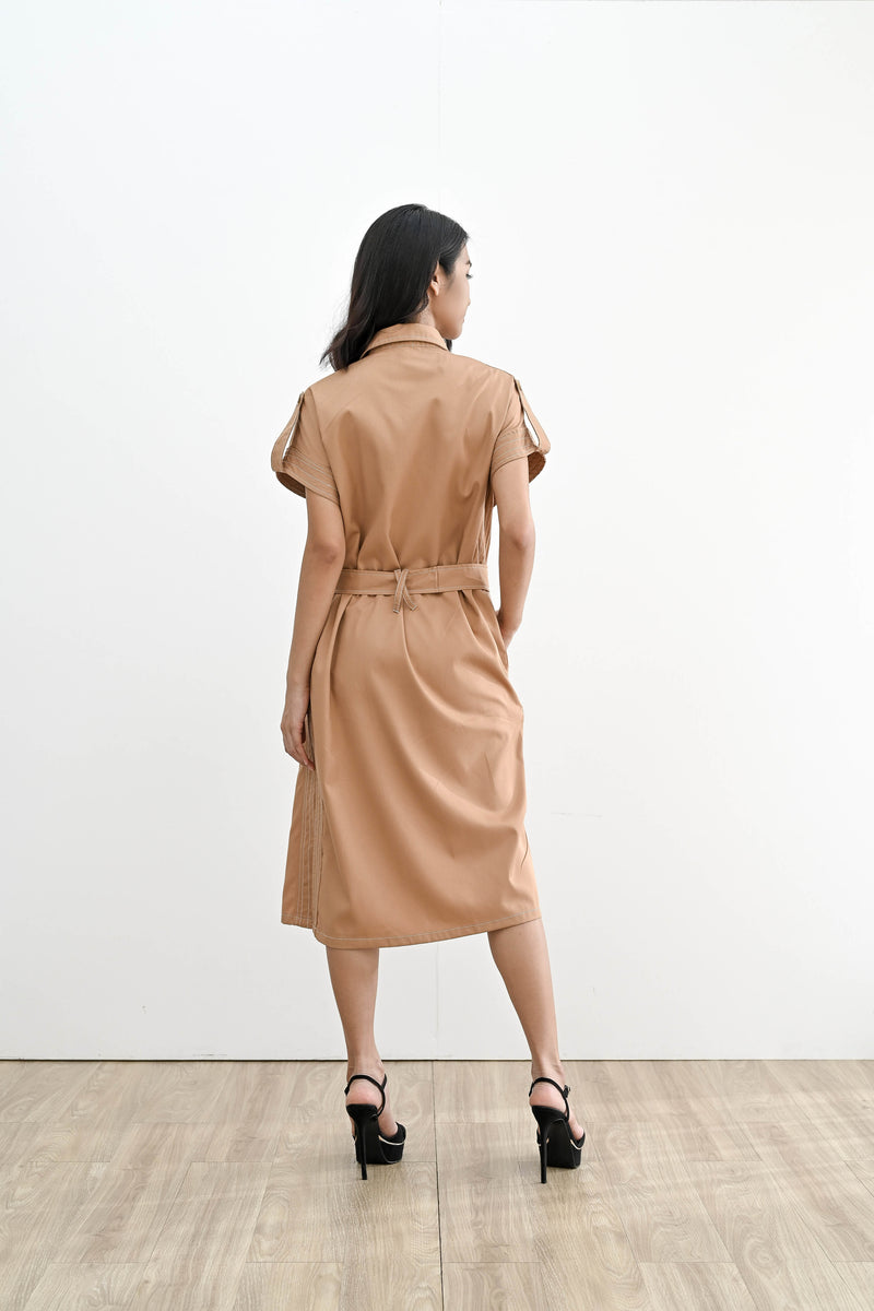 GABY CONTRAST STITCH DRESS OUTER IN CARAMEL