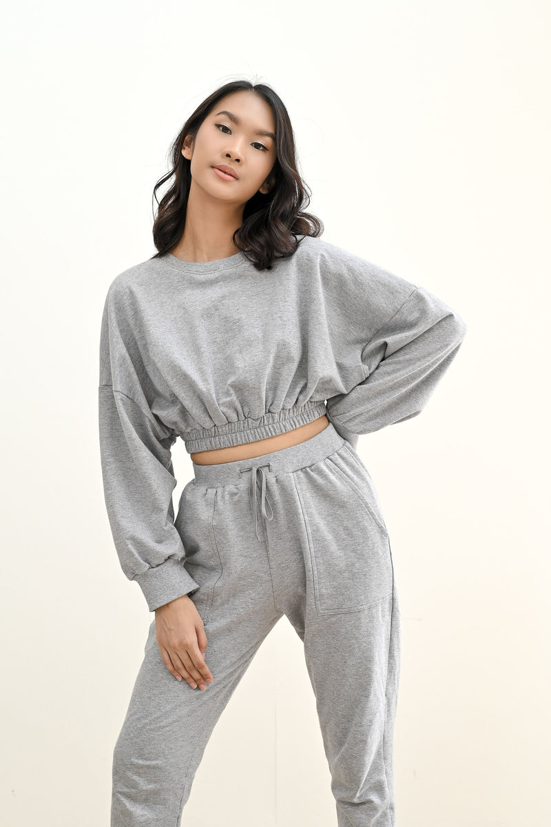 BUNDLE SET - TERRY CROPPED SWEATER & TERRY JOGGER PANTS IN MISTY GREY