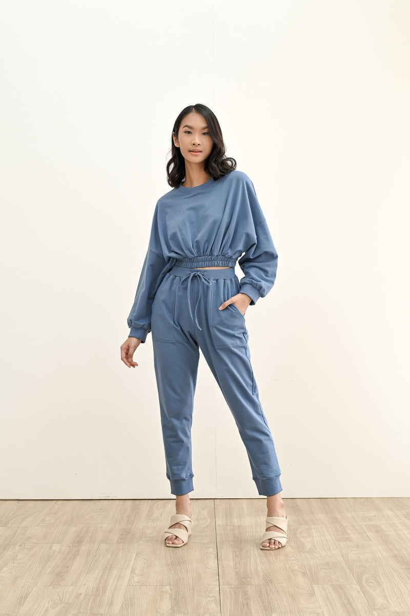 BUNDLE SET - TERRY CROPPED SWEATER & TERRY JOGGER PANTS IN DEEP BLUE
