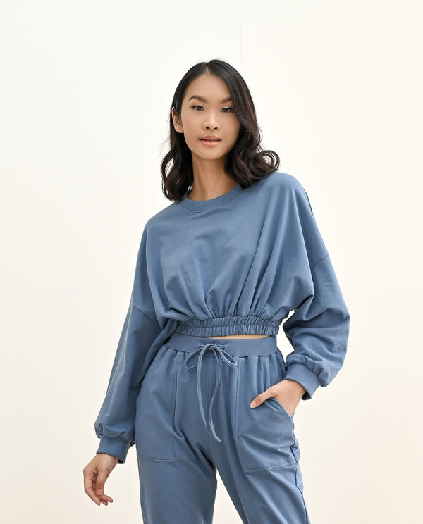 TERRY CROPPED SWEATER IN DEEP BLUE