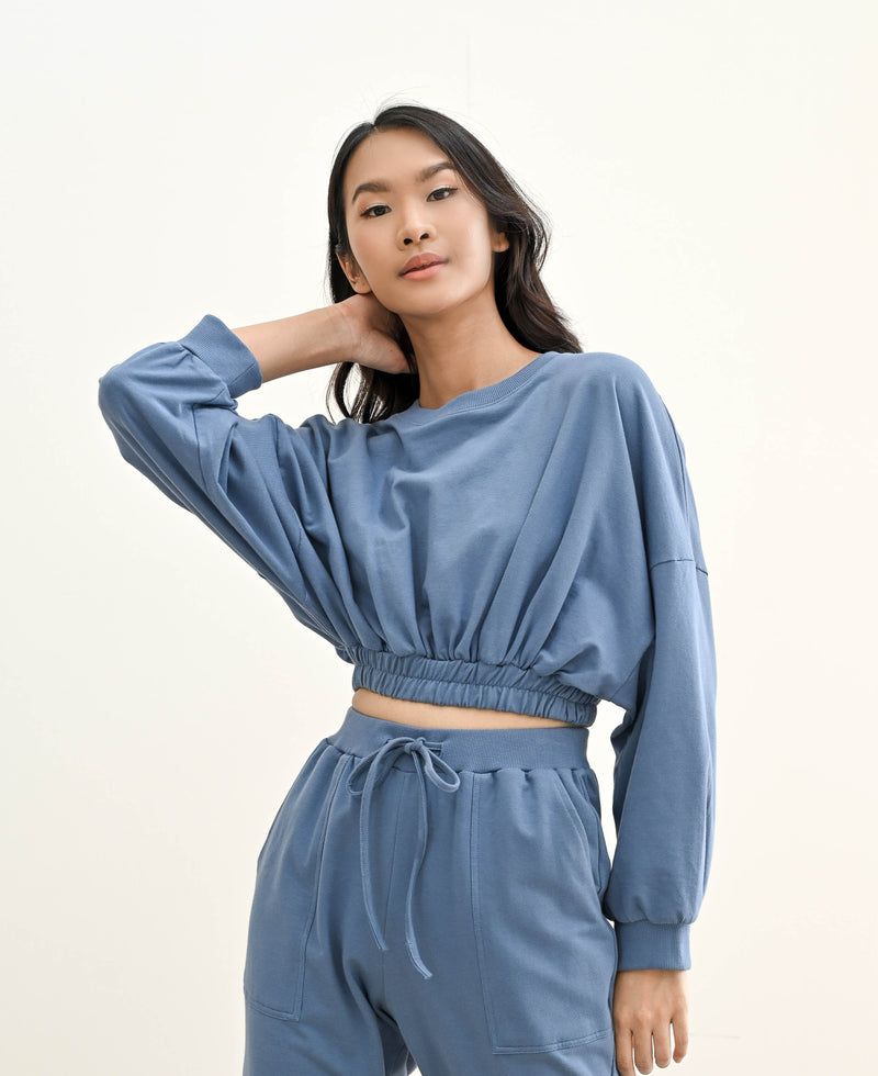 TERRY CROPPED SWEATER IN DEEP BLUE