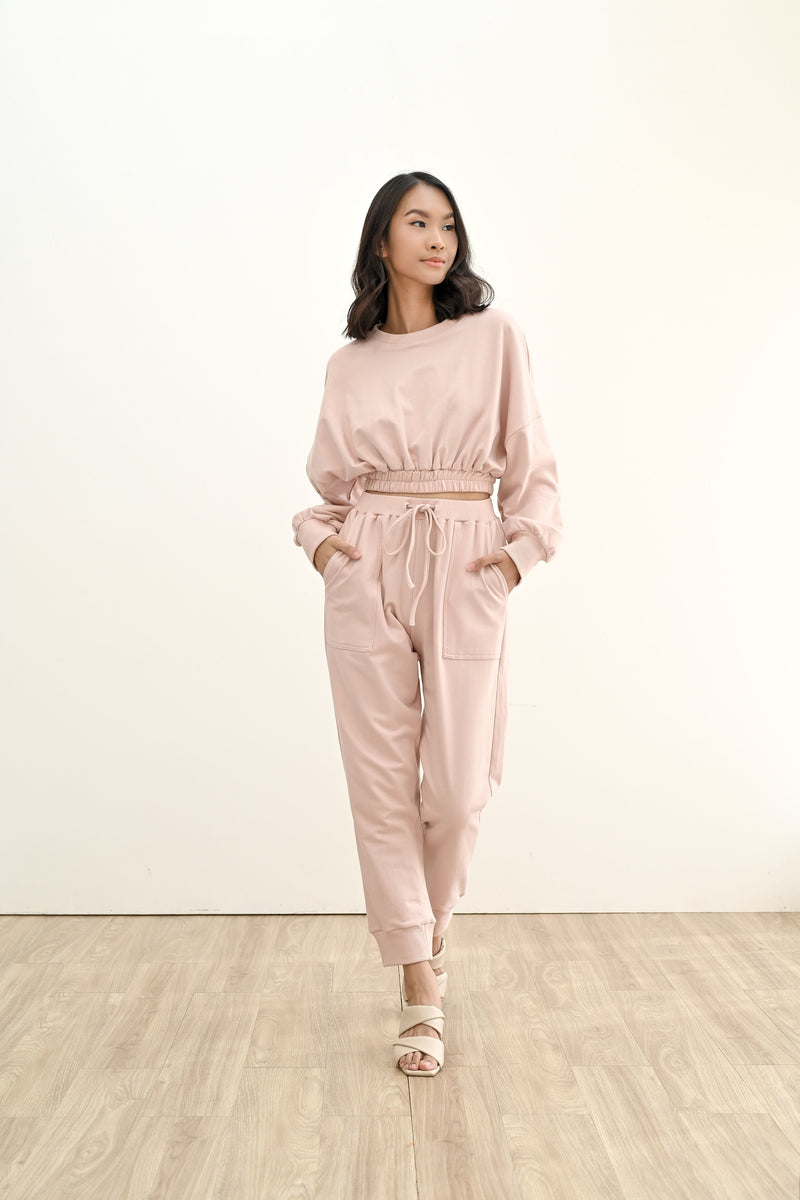 BUNDLE SET - TERRY CROPPED SWEATER & TERRY JOGGER PANTS IN BABY PINK