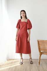 Give Puff Sleeve Dress in Brick Red