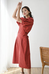 Give Puff Sleeve Dress in Brick Red