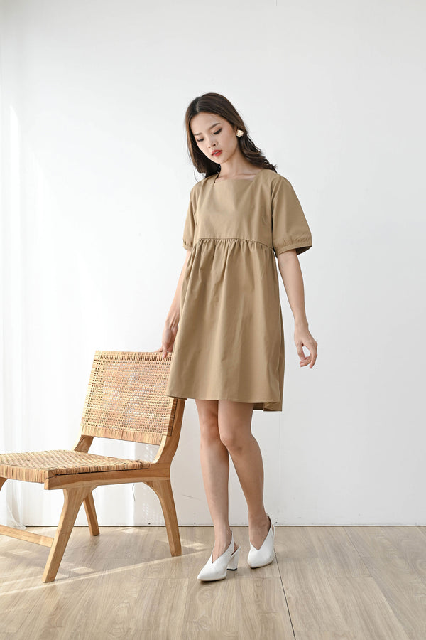 Witty Square Neck Mini Dress in Camel