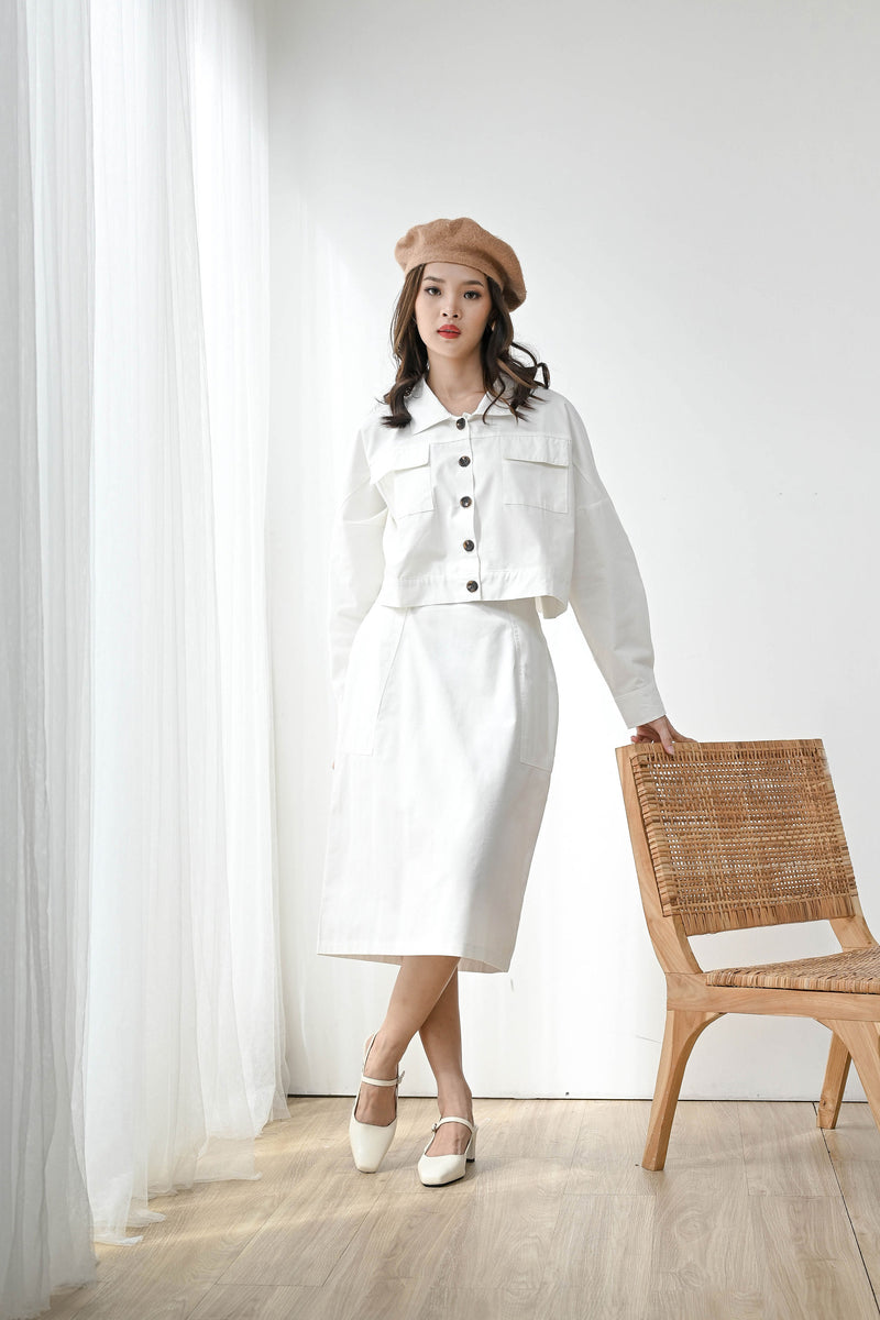 Set Humble Cropped Jacket + Kind Simple Midi Skirt in Broken White