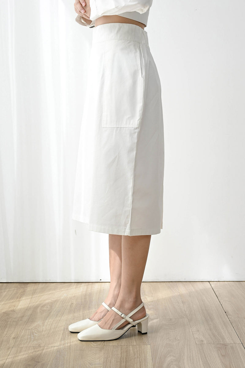 Set Humble Cropped Jacket + Kind Simple Midi Skirt in Broken White