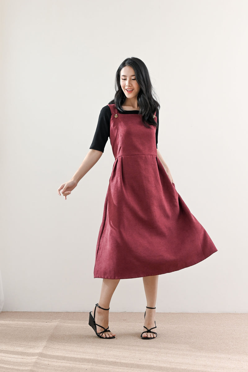 Jane Pinafore Dress in Wine Cherry