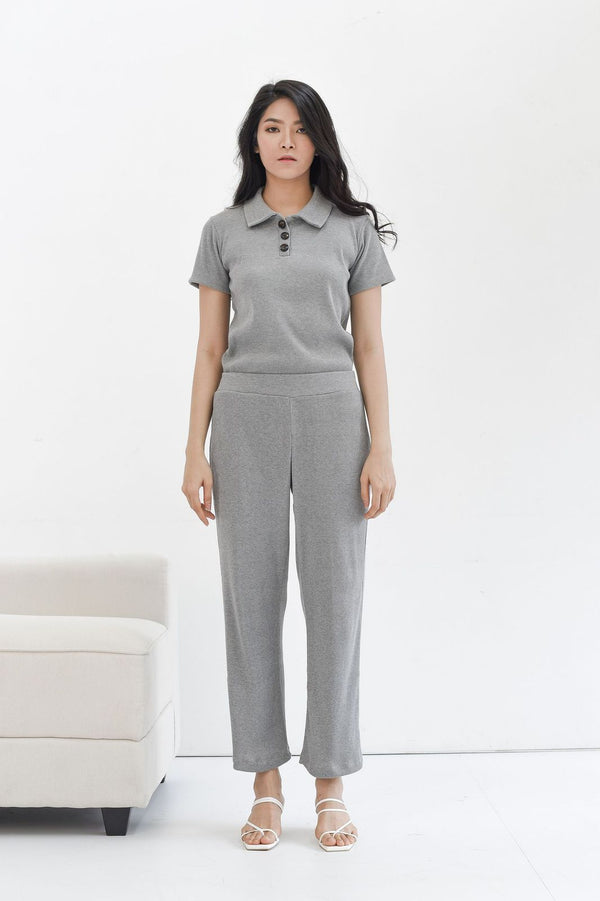 Home Rib Set in Grey ( T-shirt & Cullote Pants )